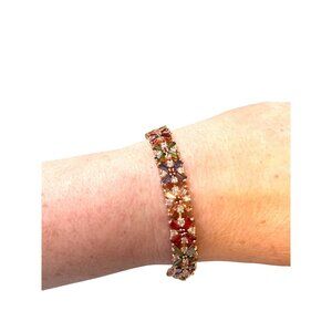 Multicolor Gemstone Bracelet With Floral Design & Gold-Tone Setting 7.5" Length
